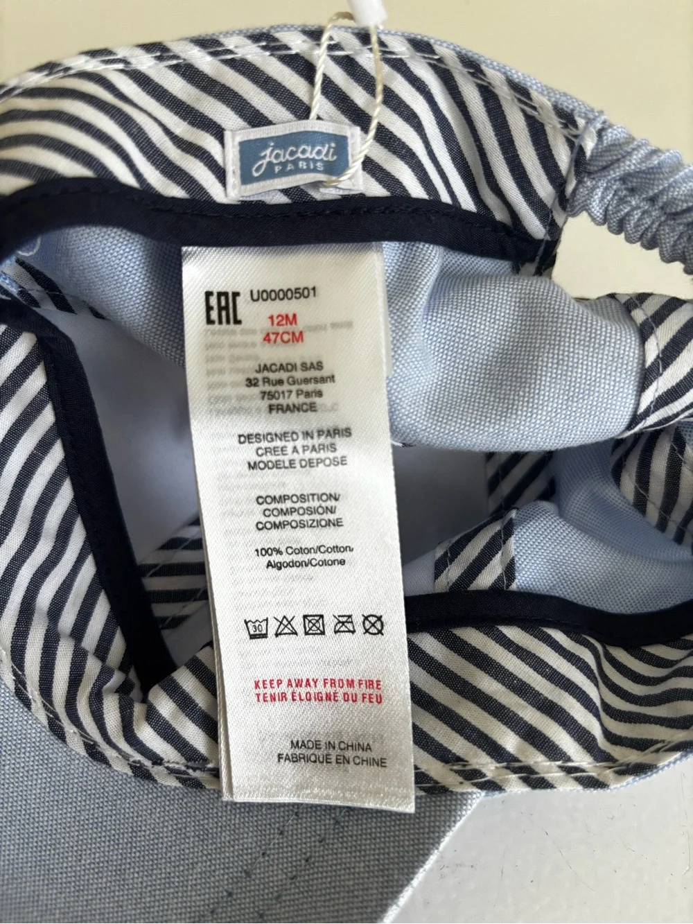 Jacadi l’esprit Baby Oxford ball cap - Blue/White 12M/47cm - NWT